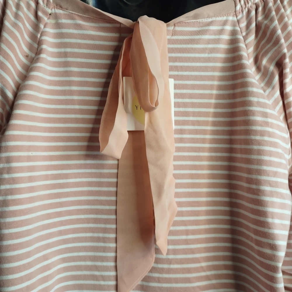 Yissang Womens White Pink Striped Ruched Long Sleeve Blouse Stretch Sz XL NWT - Picture 5 of 6
